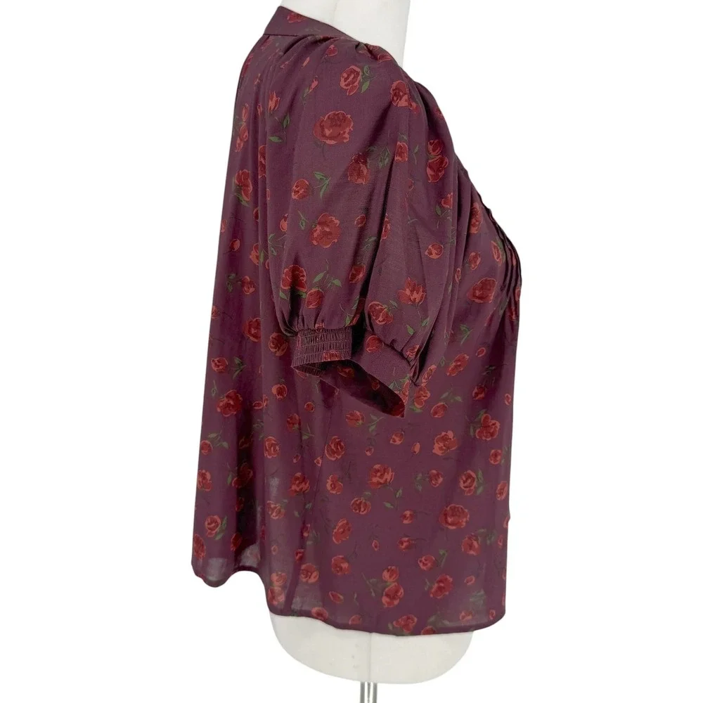 Reformation Calia Burgundy Rose Floral Top Size Small Pintuck Puff Sleeve Button